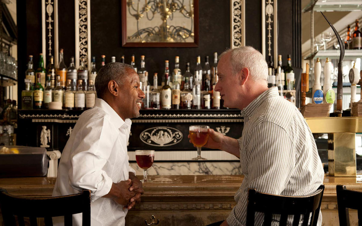 Two customers enjoy beer  at the bar of the brewers art in Baltimore.