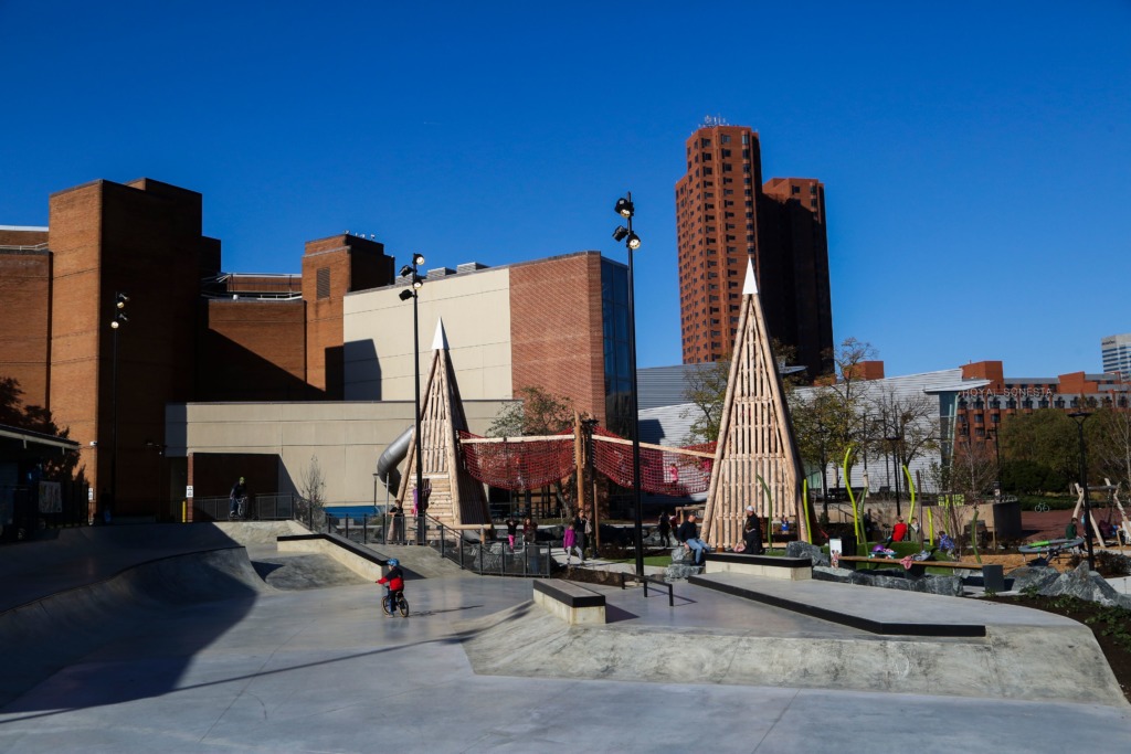 Wide shot of newly opened Rash Field Park and Jake's Skate Park