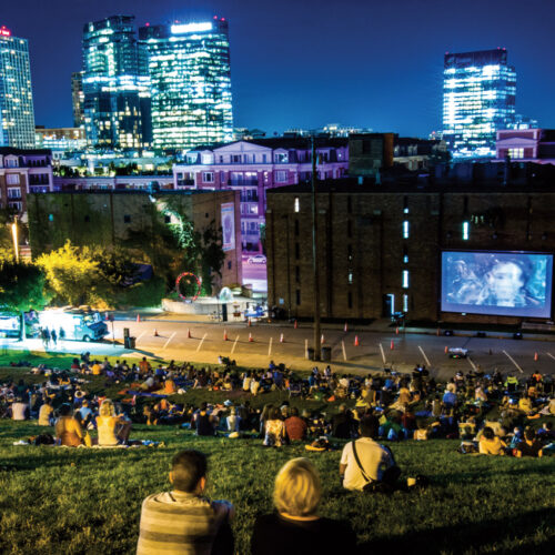 People from behind watching a free film on a hill in Federal Hill.