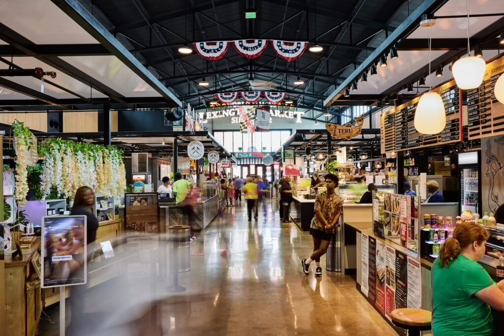 Booths inside a bustling food hall