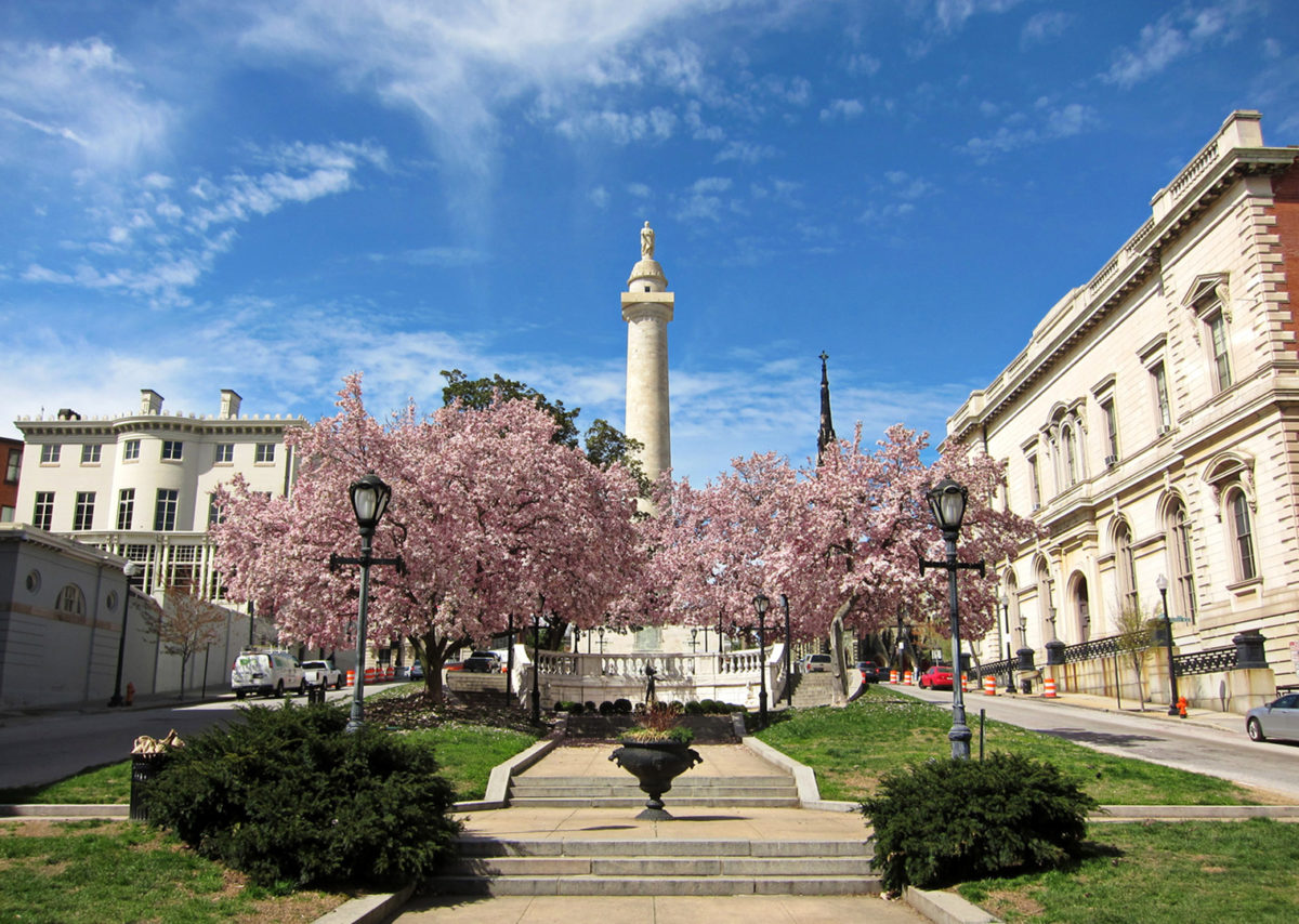 The Washington Monument in the neighborhood of Mount Vernon in Baltimore.