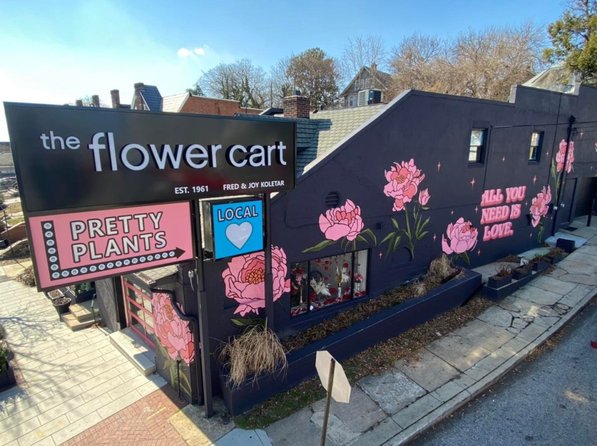 Wide shot of the flower mart's storefront
