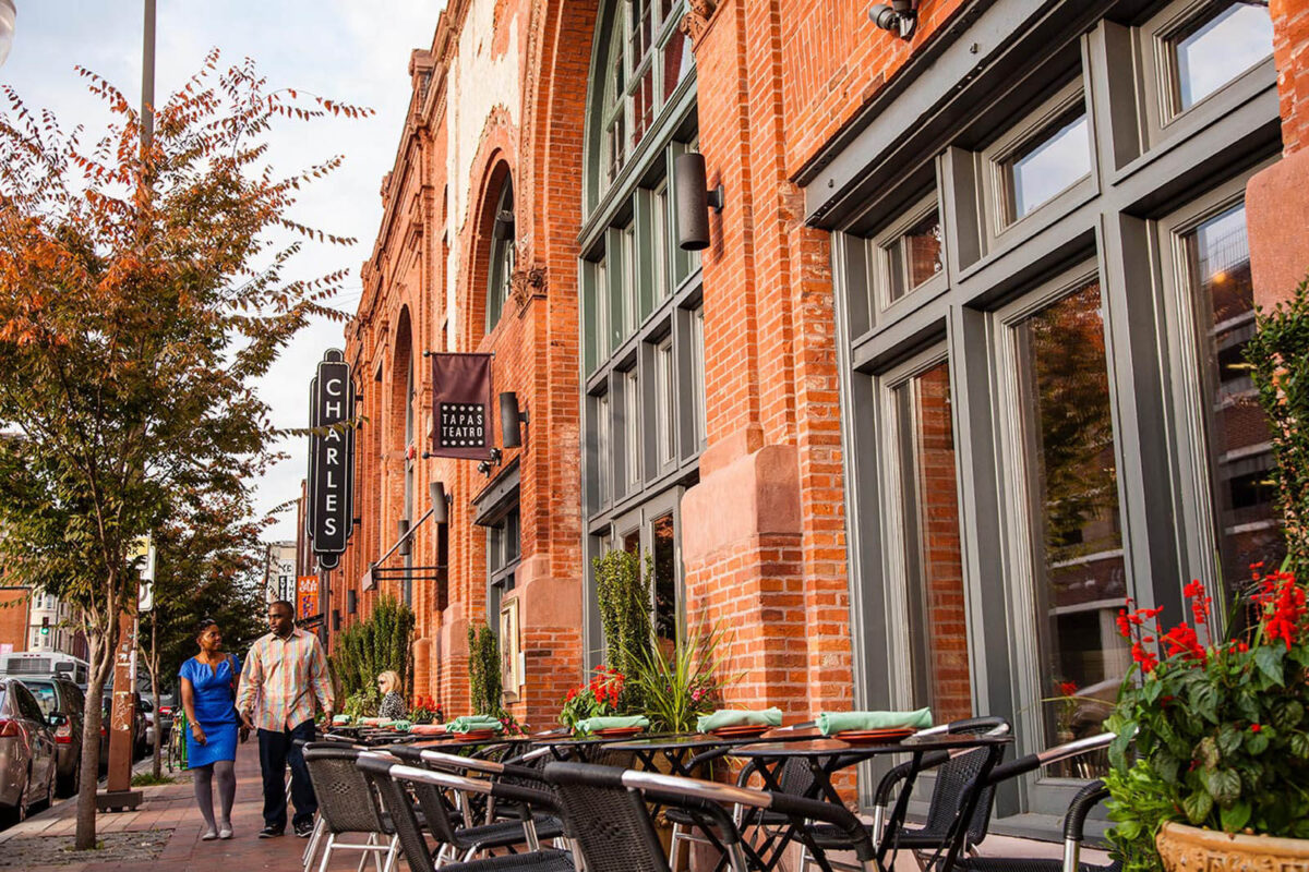 A street view of historic homes in Baltimore's Station North neighborhood.
