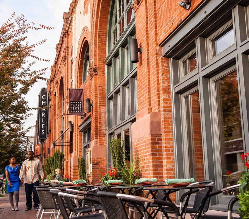 A street view of historic homes in Baltimore's Station North neighborhood.