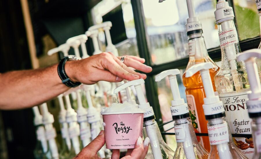 Historic homes and business facades in Fells Point, Baltimore.