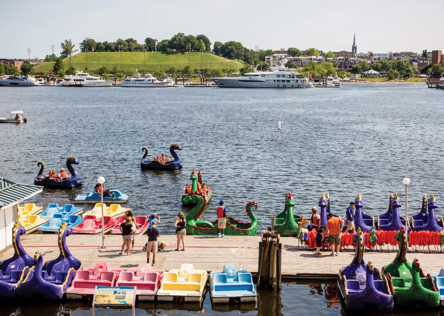 Dragon boats on the water in the Inner Harbor in Baltimore.