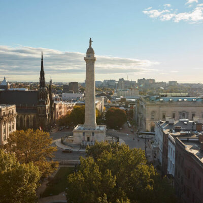 A view of The Washington Monument from The Revival Hotel in Baltimore.
