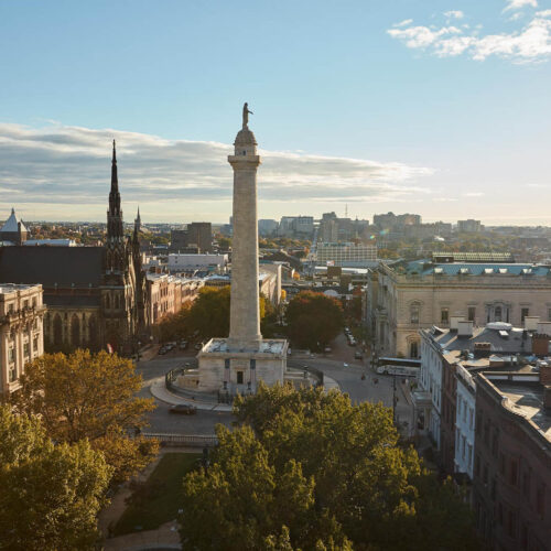A view of The Washington Monument from The Revival Hotel in Baltimore.