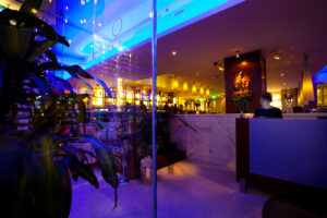 Restaurant entrance with blue lighting
