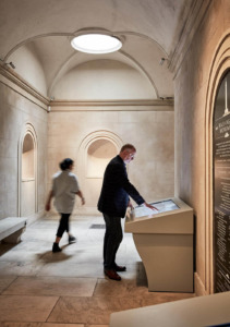 Two people inside The Washington Monument in Baltimore.