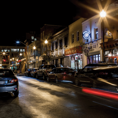 A street at night in Federal Hill, Baltimore.