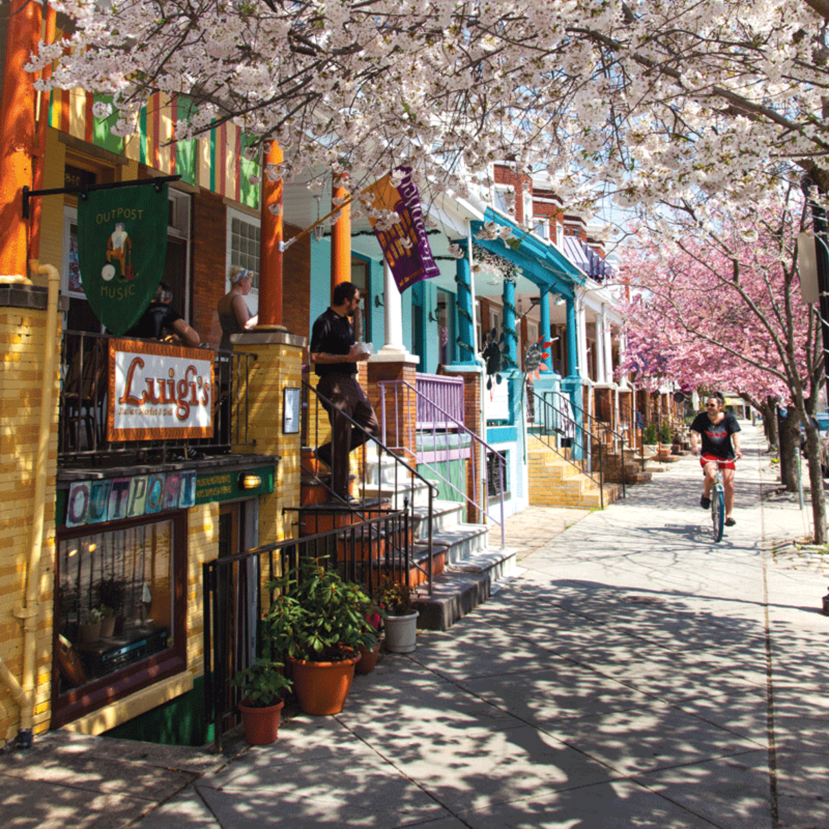 Looking down the street in the spring in Hampden, Baltimore.